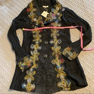 Sioni Coatigan Embroidered Mixed Media Jacket Sweater Small